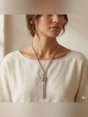 Silver Tone Mesh Chain Knot Necklace Long Pendant Textured Statement Jewelry